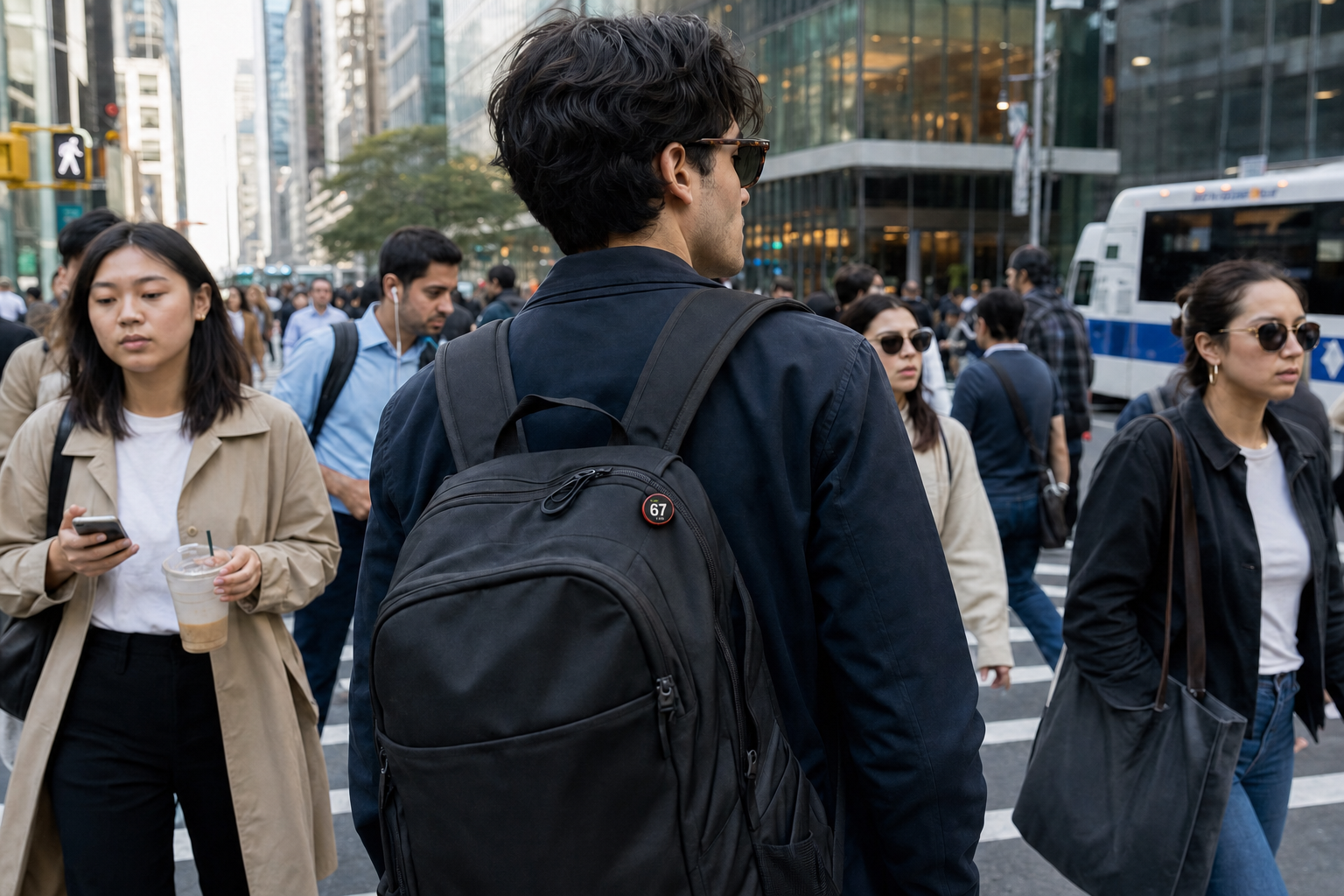 Young commuter wearing the round red NUMBR score badge on a backpack in a crowded city crosswalk