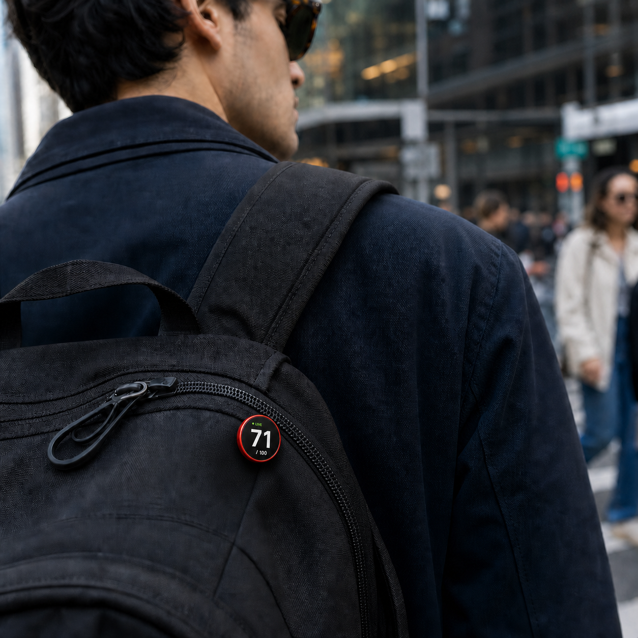 Close-up of a commuter wearing the round red NUMBR score device on a black backpack in the city