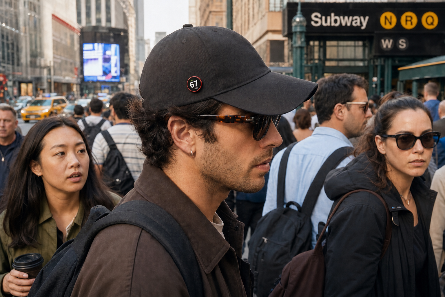 Young person wearing the round red NUMBR score badge on a cap in a busy downtown crowd