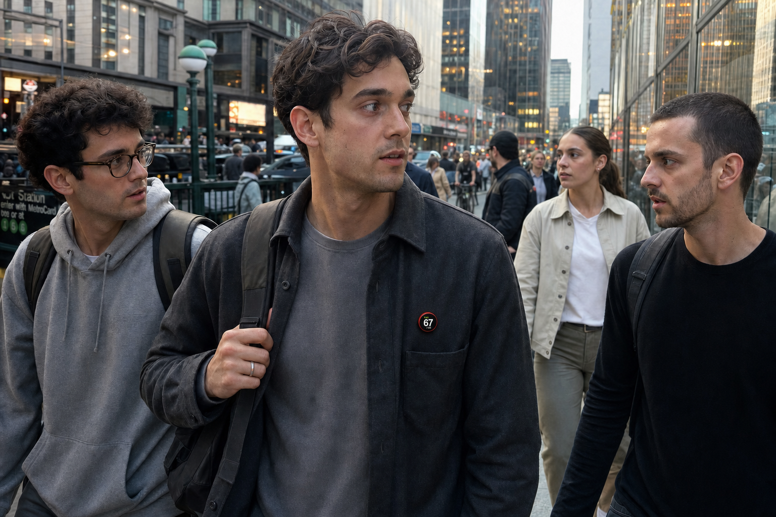 Young professional wearing the round red NUMBR score badge on a shirt in a dense urban environment