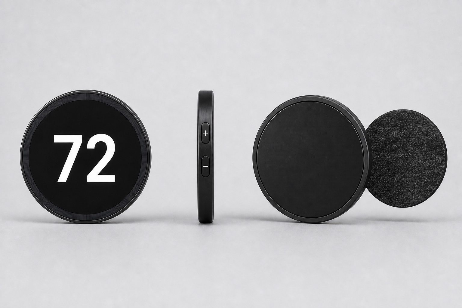 Solar-powered ultra-thin round black NUMBR badge shown from the front with the number 72 and photovoltaic ring, from the side with plus above minus, and from the rear with a separate magnetic backing