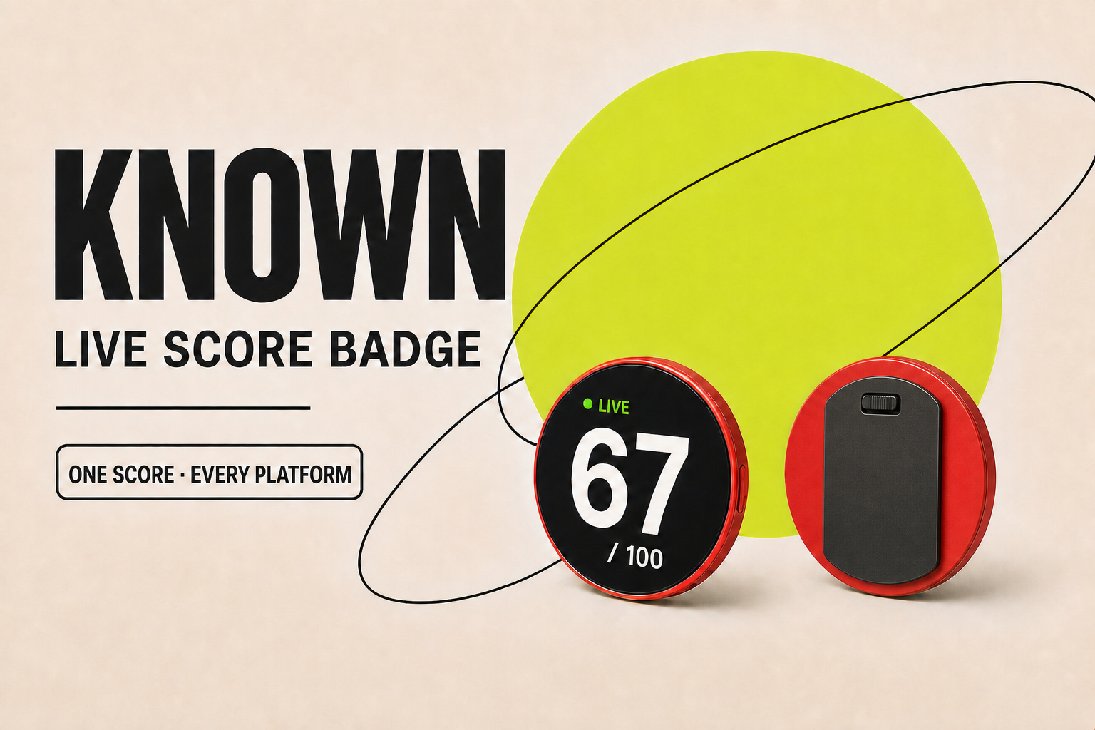 Front and rear views of the round red NUMBR badge with a broad slim locking rear clip